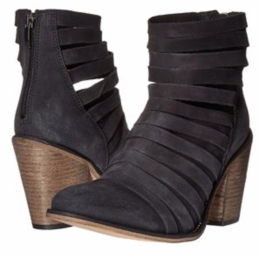 FREE PEOPLE Hybrid Strappy Leather Block Heel Ankle Boots Bootie 37 US7 Black - Picture 2 of 15
